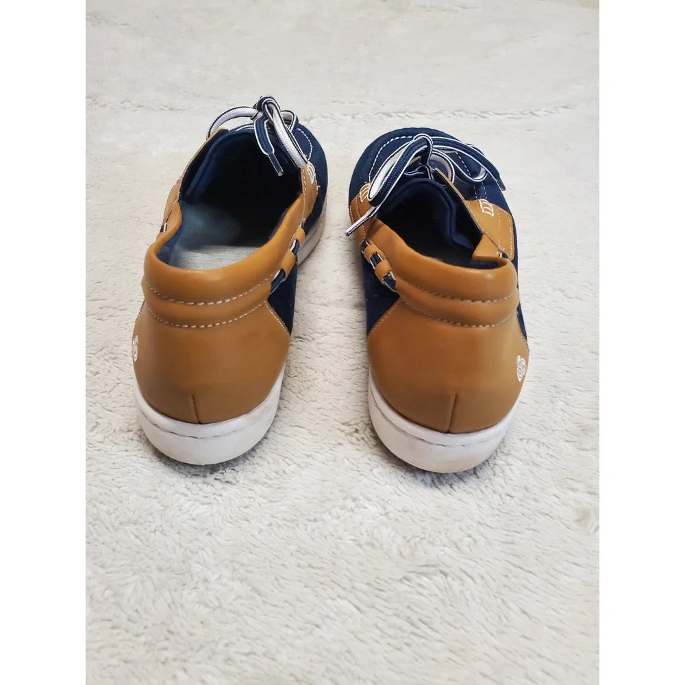 Clarks Navy Blue Tan Casual Canvas Boat Loafer Shoe 8.5 Classic Basic Comfort